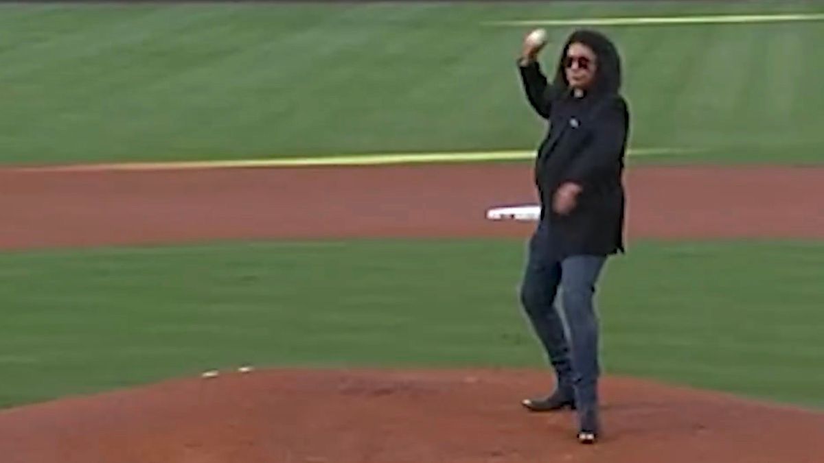 Featured image Gene Simmons tosses four first pitches at the Angels game