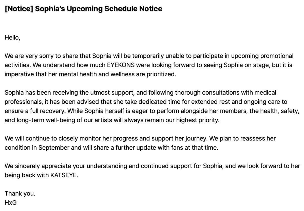 Featured image Sophia announces KATSEYE hiatus
